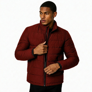 Men's <b>Red</b> Stand Collar Puffer <b>Jacket</b> Windproof Polyester Wadding Zipper Closure Casual Autumn Wear Regular Fit - Product Image 5