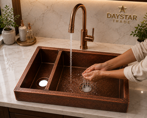 Évier de cuisine en cuivre pur Daystar Trade, fait main, surface martelée brossée, quatre trous, double bac, à encastrer sous le plan. |   Moderne 1.2-3.0mm - Product Image 3