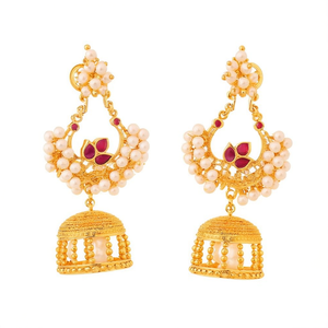 Peacock Gold Plated Brass Jhumka Earrings with Pearl Studs - Product Image 2