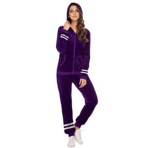 Ensemble de survêtement en velours violet pour femmes, à capuche, manches longues, couleur unie, tenue de jogging décontractée avec poches latérales et cordon de serrage - Product Image 5