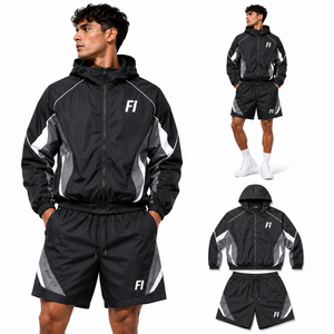 Vestes zippées avec logo personnalisé et ensembles de shorts en nylon, ensemble de survêtement léger en nylon, ensemble de jogging 2 pièces, coupe-vent, vestes pour hommes - Product Image 3