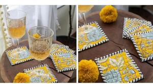 Hand Block Print Quilted Reversible fabric <b>Coaster</b> Set Cotton Handmade Square <b>Drink</b> <b>Coaster</b> Tea Table Decor Floral Colorful - Product Image 5