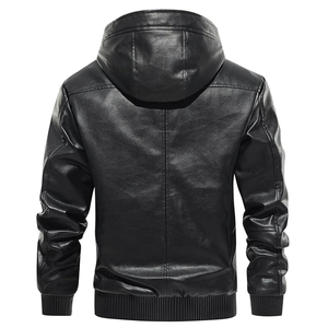 Chaqueta de cuero sintético para hombre, chaqueta de motociclista tipo bomber con forro polar y capucha - Product Image 3