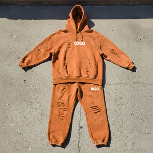 Custom High Quality Blank Distressed Hoodie and Jogger Short Set Designer Cotton Unisex Sweatsuit Casual Baggy <b>Tracksuit</b> for Men - Product Image 1