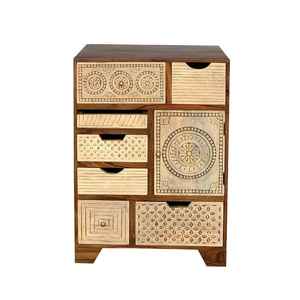 Coffre de rangement vintage en bois de manguier massif sculpté à la main, style bohème rustique, avec armoire latérale et porte, meuble multifonction écologique de 4 pieds - Product Image 1
