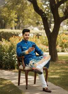 ชุดคุรตะผ้าไหมคอตตอนพรีเมียมสำหรับผู้ชาย พร้อมงานปักเลื่อม เหมาะสำหรับงานปาร์ตี้ งานดิวาลี สไตล์ดั้งเดิม ผลิตในอินเดีย - Product Image 4