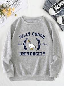 Sweat-shirt en polaire épais à col montant Silly Goose University pour femme, gris, imprimé lettres, pull tricoté décontracté pour l'hiver - Product Image 1