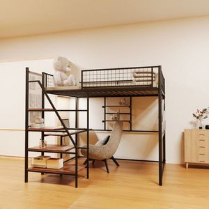 Full-Size Loft Metal <b>Bed</b> with <b>LED</b> Lighting and Charging Station for Bedroom and Dormitory Black Color - Product Image 2