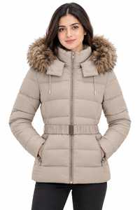 Abrigo Acolchado Grueso de Invierno para Mujer, Color Beige, Tejido de Poliéster, con Capucha de Piel Desmontable, Cinturón en la Cintura, Cierre de Cremallera - Product Image 6