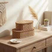 Best Seller For Set 2 Pieces Woven Rattan Oval <b>Basket</b> Natural <b>Wicker</b> <b>Storage</b> Box Handmade Desktop Organizer - Product Image 3