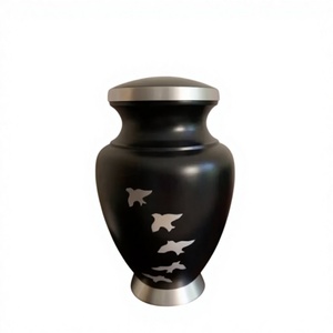 Urne funéraire antique noire grande taille en aluminium fait main style Art Déco 3,4 L avec glaçure craquelée thème oiseaux, vase de table - Product Image 1