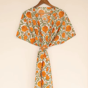 Hand Block Printed Orange Pomegranate Cotton <b>Kaftan</b> Dress Drawstring Waist Loungewear - Product Image 1