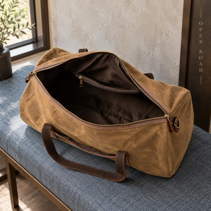 Washed Oil Waxed Canvas Weekender Duffel <b>Bag</b> with Carry Handles & Zip Top | <b>Tan</b> Brown Portable Durable Outdoor Travel Luggage - Product Image 4