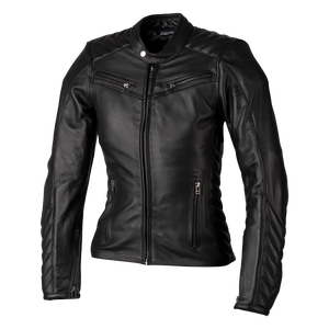Chaqueta de Motocicleta de Cuero Genuino para Mujer, Manga Larga, Cuello Alto, Cierre de Cremallera, Resistente al Viento, Color Negro Sólido, Estilo Motero - Product Image 1