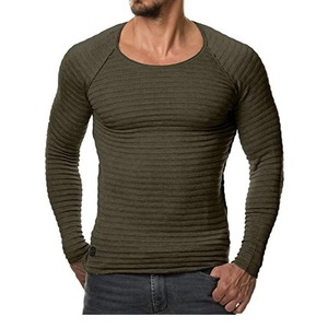 Pull décontracté à carreaux pour homme, coupe ajustée, col rond, manches longues, t-shirt musculaire, 240 grammes, polyester/coton, uni, délavé - Product Image 5