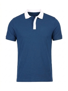 Polo de Manga Corta Azul para Hombre, de Algodón Piqué, con Cuello Blanco, Estilo Casual, Corte Regular, Tejido de Punto Antiarrugas - Product Image 1