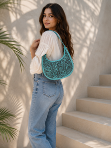 Sac à bandoulière en cuir sculpté à la main, nouveau modèle 2026, style bohème gypsy, couleur turquoise, sac à main occidental fait main, élégant - Product Image 6