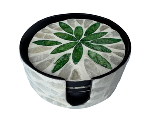 Ensemble de sous-verres ronds artisanaux en nacre avec support, motif feuille verte, sous-verres en coquille pour table basse, décoration - Product Image 5