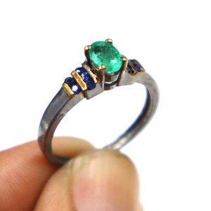 925 Sterling <b>Silver</b> Black Rhodium Plated <b>Emerald</b> with Blue Sapphire Cut Gemstone <b>Ring</b> Wholesale <b>Ring</b> Jewelry Gift <b>Ring</b> Birthday - Product Image 5