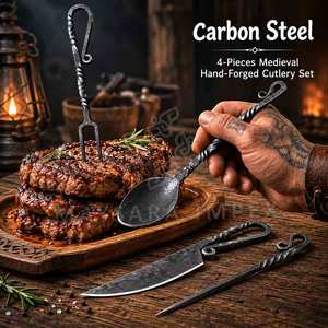 Ensemble de couverts de camping viking forgés à la main en acier inoxydable, ustensiles de repas médiévaux pour bushcraft avec étui de transport en cuir, 4 pièces, pour l'extérieur - Product Image 4