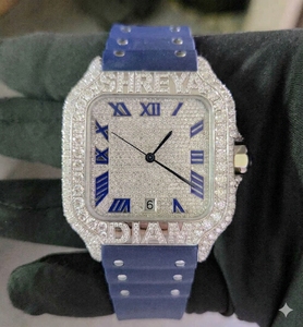 Montre carrée Shreya en moissanite glacée, bracelet en acier inoxydable bleu, affichage analogique de la date, montre mécanique de luxe unisexe, verre - Product Image 2