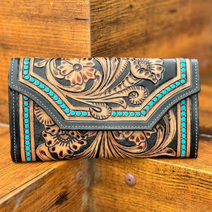 Nouvelle pochette pour femme en cuir taillé occidental Offre Spéciale portefeuille en cuir turquoise et noir organisateur de haute qualité transporter tout le portefeuille - Product Image 2