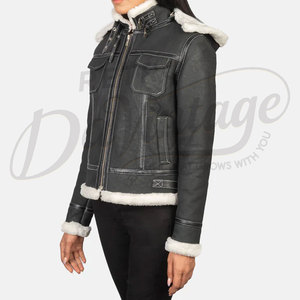 Women Black Distressed Real <b>Leather</b> Hooded <b>Jacket</b> White Faux Fur Trim Slim Fit Premium Sheepskin Winter Biker Outerwear Fashion - Product Image 5