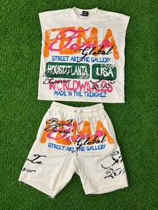 ชุดเสื้อยืดและกางเกงขาสั้นผู้ชายทรงหลวมสไตล์สตรีทแวร์ ผ้าฝ้ายถัก 100% ระบายอากาศได้ดี พิมพ์ลายดิจิทัลสำหรับฤดูร้อน - Product Image 1