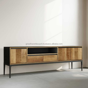 Meuble TV en bois de manguier au design industriel moderne avec portes coulissantes et étagère ouverte, console TV de luxe pour salon d'appartement - Product Image 4