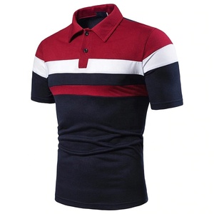 Polo à manches courtes pour homme, à rayures et blocs de couleur, tricoté, décontracté, rouge, blanc, bleu marine - Product Image 1