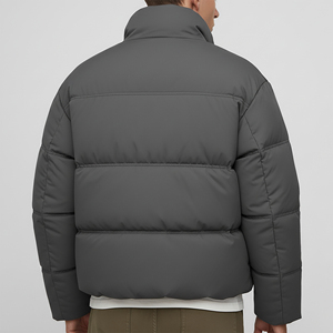 <b>Men's</b> Gray Puffer <b>Jacket</b> With Front Letter Print Windproof Thick Polyester Winter Casual Zipper Closure Stand Collar - Product Image 3