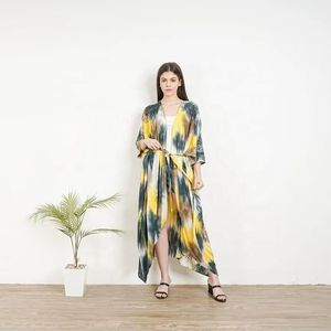 Kimono de mujer estilo bohemio tie-dye, el más vendido, cárdigan largo de verano con bolsillos delanteros abiertos, cintura natural, teñido liso, estilo dulce - Product Image 6