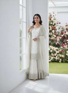 Ensemble de robe Sharara de créateur avec broderies et dupatta – Tenue ethnique pour femmes pour les mariages et les fêtes - Product Image 2