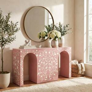 Console classique en os incrusté, confectionnée avec des détails floraux élégants et une finition en bois luxueuse pour la décoration de hall - Product Image 1