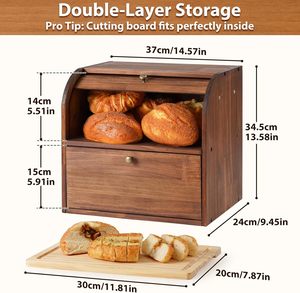 <b>Large</b> 2 Layer Wooden <b>Bread</b> Box Roll Top <b>Bread</b> Storage <b>Bin</b> Natural Bamboo Wood Food Organizer For Kitchen Counter Wholesale - Product Image 6