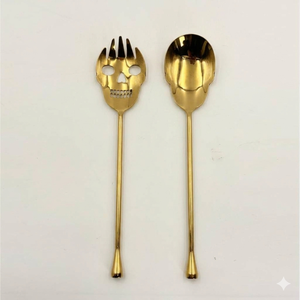 <b>Golden</b> Skull Design Salad Fork and Spoon Set Metal Serving Utensils for Halloween Decor Home Tableware - Product Image 2