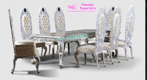 Ensemble de salle à manger en teck moderne luxueux de 7 pièces, table à manger blanche et dorée sculptée à la main - Product Image 5