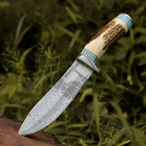 Couteau Bowie à lame fixe en acier Damas sur mesure de 10,5 pouces, ambidextre, neuf, pour la chasse et la survie, avec manche en bois de cerf et turquoise, objet de collection - Product Image 1