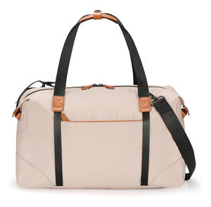 Elegant Beige Canvas Travel Duffle Bag Large Capacity Weekender with Vegan Leather Trim and Adjustable Shoulder Strap - Product Image 1