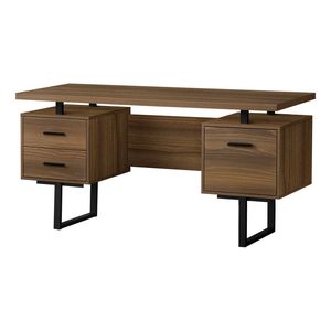 Contemporary 60\"L Walnut Laminate <b>Black</b> Metal <b>Computer</b> <b>Desk</b> for Home Office Left & Right Set-up with Storage Drawers for Work - Product Image 2
