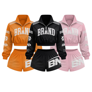 Conjunto Deportivo de Dos Piezas para Mujer, Chaqueta Corta de Manga Larga y Pantalones Cortos con Estampado de Letras, Cuello Alto, Transpirable, de Poliéster, para Primavera - Product Image 1