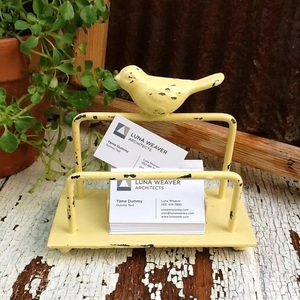 Rustic Yellow Metal Business Card Holder With Bird Sculpture Single Tier <b>Storage</b> <b>Rack</b> Handmade Desk Organizer - Product Image 1