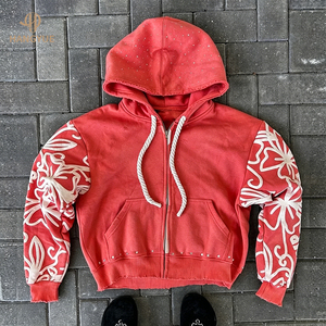 Custom French Cotton Woven Winter <b>Hoodie</b> Distressed 3D Printed Digital <b>Oversized</b> Acid Wash Boxy <b>Long</b> Hooded XL Size Rhinestone - Product Image 5