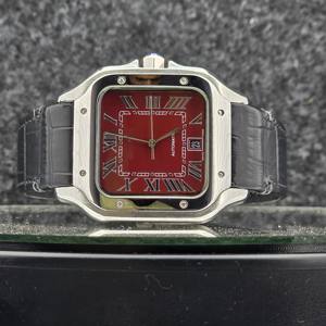 Reloj Unisex de Lujo Cuadrado de 41 mm con Movimiento Mecánico Automático, Cristal de Zafiro, Esfera Roja con Rayos de Sol, Números Romanos, Acero Inoxidable, Estilo Hip Hop - Product Image 5