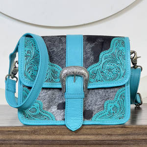 Western Style Hair on Cowhide Tooled Floral Leather Women Messenger Bags Vintage Buckle Crossbody Shoulder Purse Handbags - Product Image 2