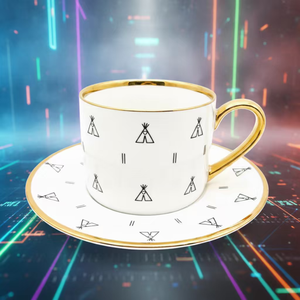 Ensemble tasse et soucoupe à café et thé en céramique avec un design géométrique élégant, bordure et anse dorées - Product Image 2