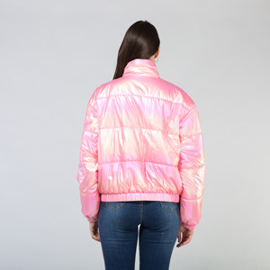 Pink Shiny <b>Quilted</b> Puffer <b>Jacket</b> Women's Winter Warm Coat Full Sleeve Stand Collar Zipper Closure Short Length - Product Image 2