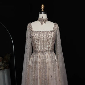 Jancember LSZ543 elegante vestido de fiesta de noche champán con cuello cuadrado y manga de capa - Product Image 4