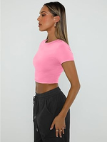 T-shirt court rose uni respirant à col rond et manches courtes pour filles, coupe ajustée, idéal pour le yoga et le fitness, faible MOQ
