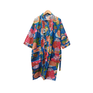 Bata Kimono de Algodón Azul con Estampado Floral, Mangas Largas, Cuello en V, Cinturón con Cordón, Bolsillos Delanteros, Bata Larga para Descansar - Product Image 1